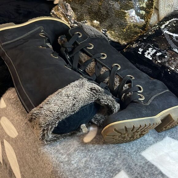 Timberland Mirney black grey fur leather suede lace up knee high boots tims 8.5 - Picture 8 of 12